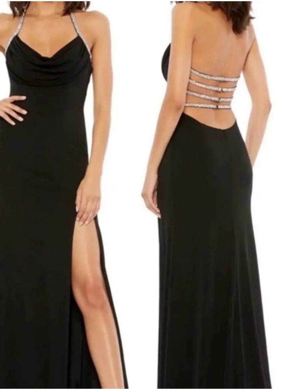 Mac Duggal Black Beaded-Strap Cowl Neck Gown 49441